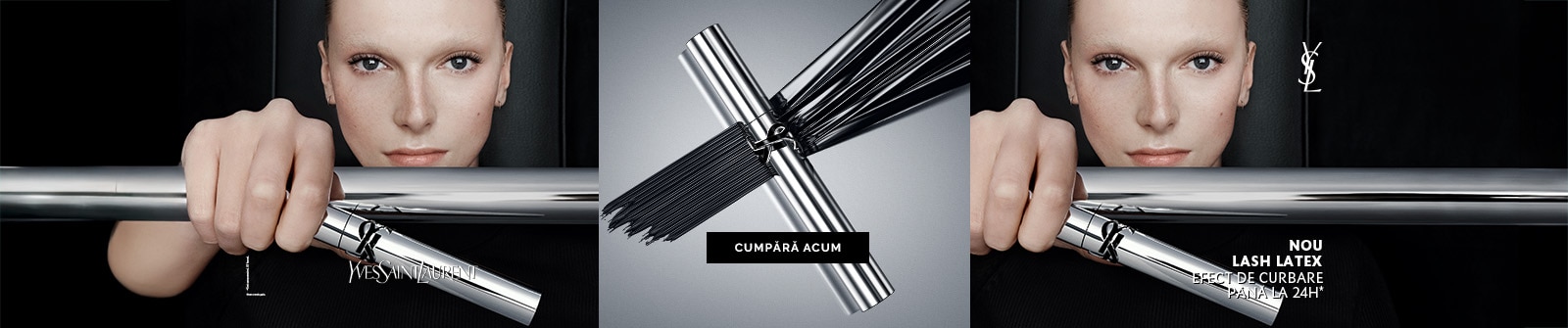 Rimelul YSL Lash Latex în ambalaj metalic argintiu, prezentat cu peria curbată pentru efect de volum și definire.